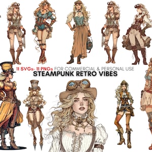 11 Retro steampunk girls cliparts , vintage steampunk women art bundle, for t shirt designs, stickers, planners, mugs,  digital prints