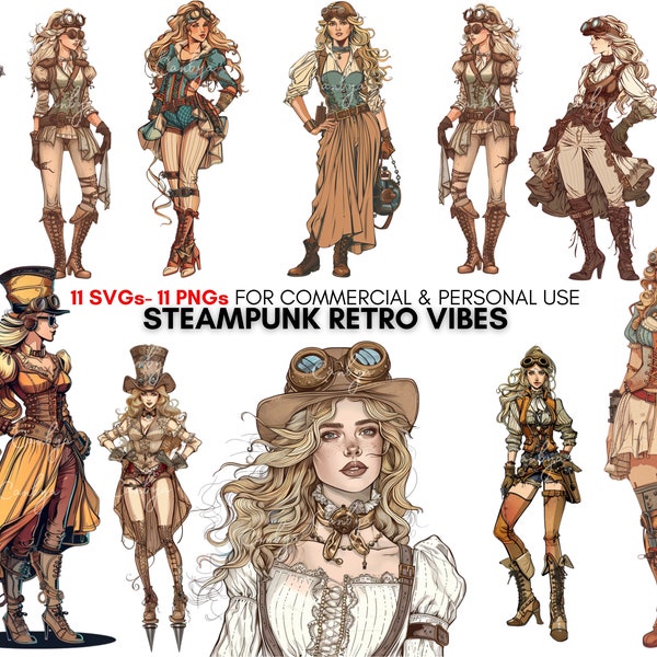 Retro steampunk girls clipart prints, vintage steampunk women art, for t shirt designs, stickers, planners.