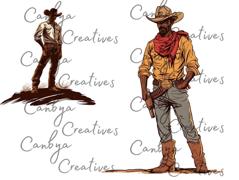 african american western clip art bundle, watercolor vintage and retro styled illustrations, digital prints for instant digital download.
