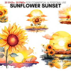 May include: Watercolor illustration of a sunflower with a sunset background. The sunflower is yellow with a dark red center. The sunset is orange, pink, and purple with a yellow sun. The image is titled "Sunflower Sunset".