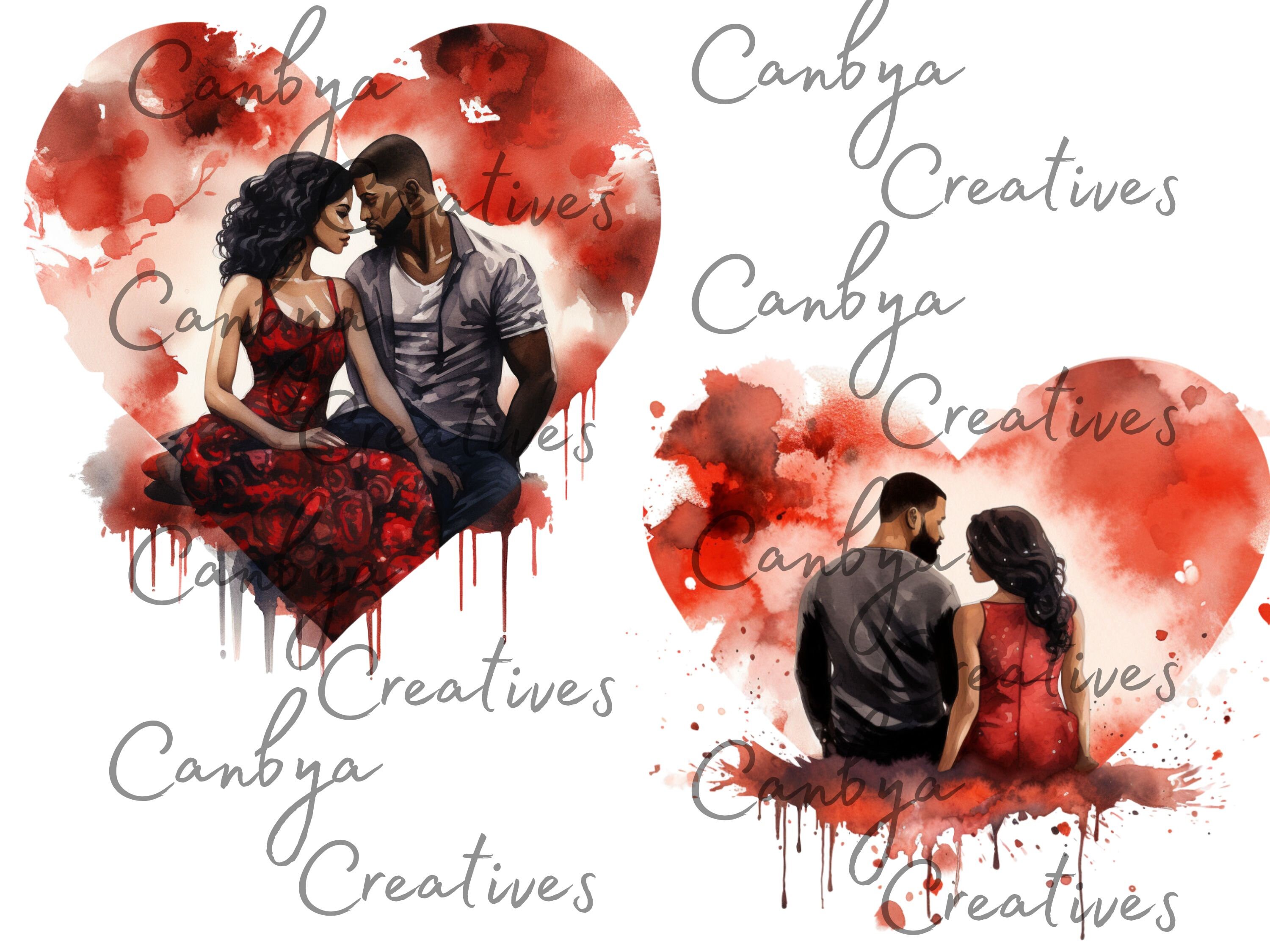 Watercolor Black Couple's Valentine Png Svg Clipart Bundle, African ...