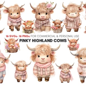 watercolor Pink Boho Highland Cows in baskets png svg Clipart bundle, Kawaii Clipart, Digital Planners, Junk Journals, Digital Download.