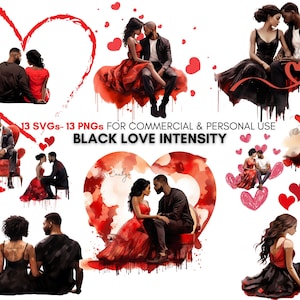 Bundle di clipart in formato PNG svg di coppia nera con acquerello, outfit di coppia afroamericana con vibrazioni di San Valentino, arte di San Valentino, stampe digitali