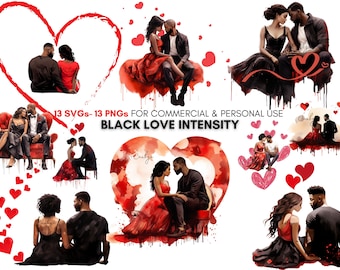 Watercolor black couple&#39;s valentine png svg clipart bundle, african american couple&#39;s valentine vibes outfit, valentine art, digital prints