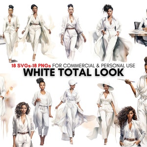 pacote de clipart aquarela mulher negra svg png, garota trabalhadora de moda preta, look total branco, download digital