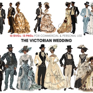 watercolor Victorian styled African american wedding svg png clipart, Elegant black bride and groom, retro clipart, sublimation designs...
