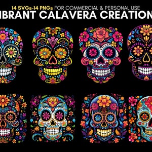 Vibrant Colorful sugar skull set, 14 Sugar skull svg 's, 14 sugar skull png 's, day of the dead halloween, calavera digital print.