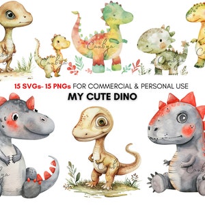 aquarel schattige baby dinosaurus svg png clipart bundel, Kawaii fantastische wezens voor stickers, feestuitnodigingen, kinderkamerkunst, dierenliefhebbers