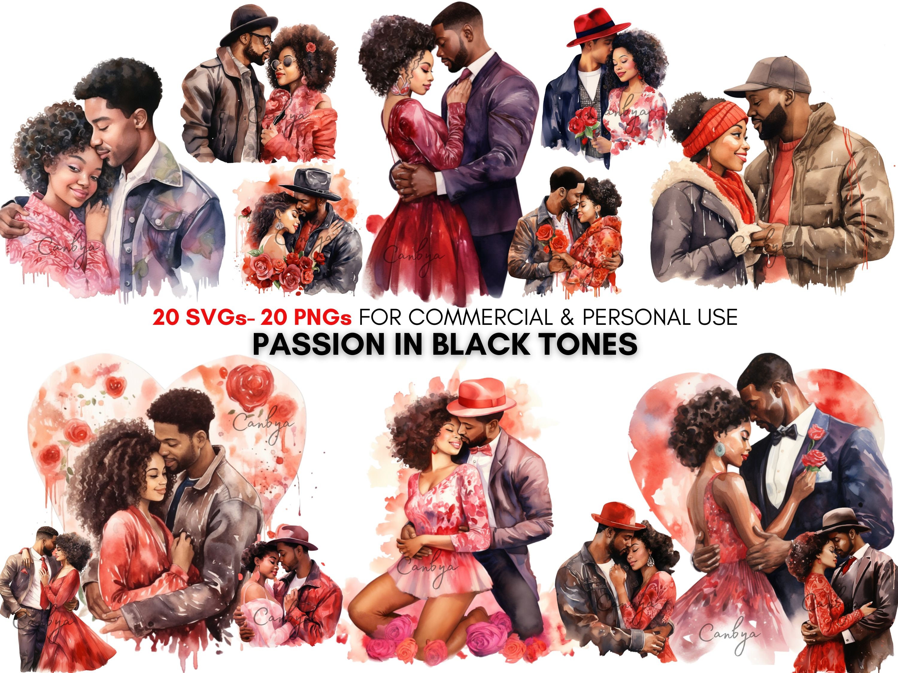 Watercolor Black Couple's Valentine Png Svg Clipart Bundle, African ...