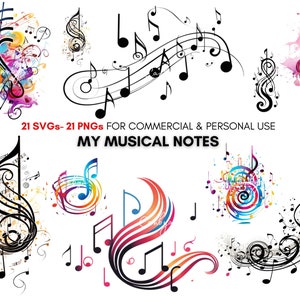 Watercolor music note png svg clipart bundle, musical notes' art, digital prints, commercial use.
