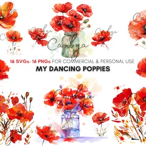 Watercolor poppies svg png clipart bundle, abstract Poppy flower, Spring flowers printables for invitations, planners, junk journals...