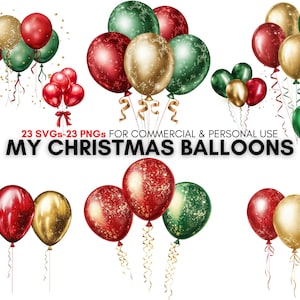 Watercolor balloon Clipart, Red, green and gold glitter christmas balloon Clipart bundle, digital prints, instant download