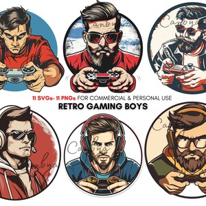 Retro gaming boys holding gaming Controller clipart prints, vintage gaming art, gamer vibes, for t shirt designs, stickers, planners.