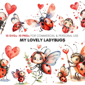 Clipart di coccinelle kawaii ad acquerello e cuori rossi in formato PNG SVG, Clipart di amore carini, adorabili coccinelle digitali, stampe di animali per la primavera