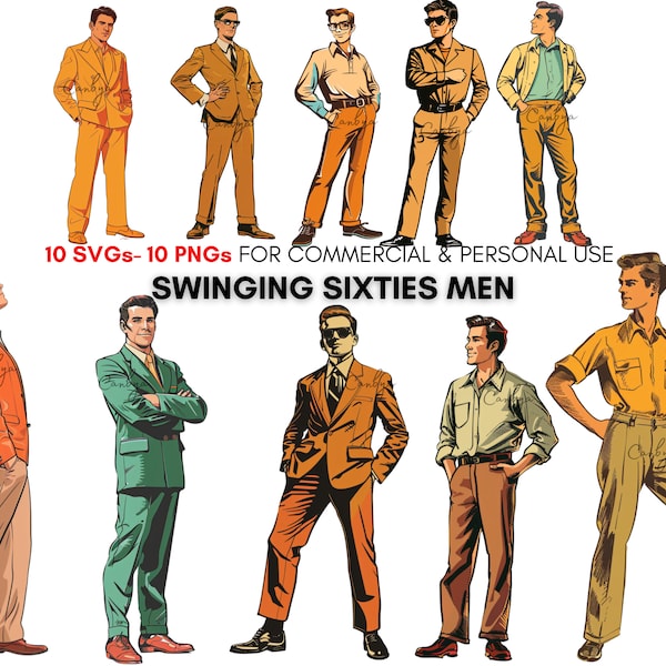 Vintage swinging sixties styled men png svg Clipart bundle, 1960's fashion clipart, retro men looks, for Planners, Junk Journals, stickers..