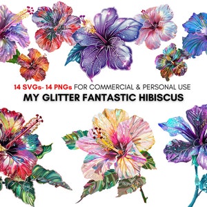 Aquarel glitter fantastische hibiscus bloem png svg Clipart, bloemenprint, bloemkunst, botanische prints voor stickers, planners, uitnodigingen