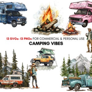 Watercolor camping png svg Cliparts, camping traveller, mountain landscape art print, scrapbooking, sublimation, junk journals...