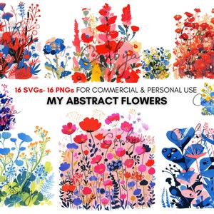 Watercolor abstract wildflowers svg png clipart bundle, Spring wild flowers for invitations, planners, junk journals, scrapbook images...