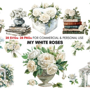 Watercolor white roses png svg Cliparts, vintage roses in jars, Roses on books, Botanical art, digital download, Personal & Commercial.