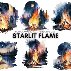 watercolor starlit flame clipart bundle, Campfire in night landscapes cliparts,  20 Transparent PNGs, Upscaled Images, digital prints.