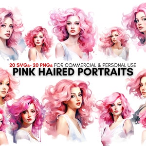 watercolor retro pink haired girl portraits svg png clipart bundle, digital prints