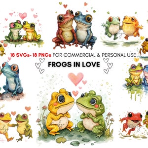 watercolor kawaii frog couple svg png cliparts, Cute frogs in love prints, animal art prints, prints for stickers, planners, junk journals