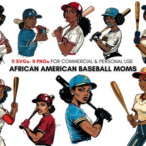 African american baseball moms svg png cliparts, black retro baseball women for shirt design, invitations, sports lover stickers, planners..