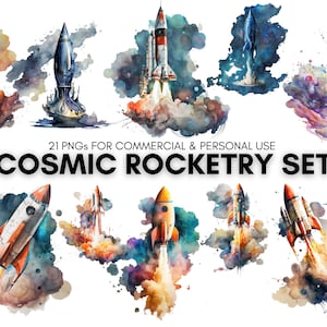 Cosmic Rocketry Set: Embark on Cosmic Journeys, Clipart Watercolor for Commercial and Personal Use - 21 Transparent PNGs, Upscaled Images