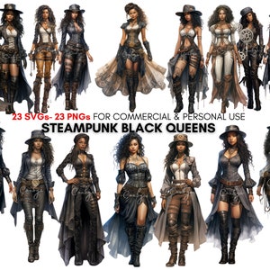 スチーム パンクなビクトリア朝の黒のファッションの女の子 svg png クリップアート バンドル、スチーム パンクな黒の女王、デジタル プリント。