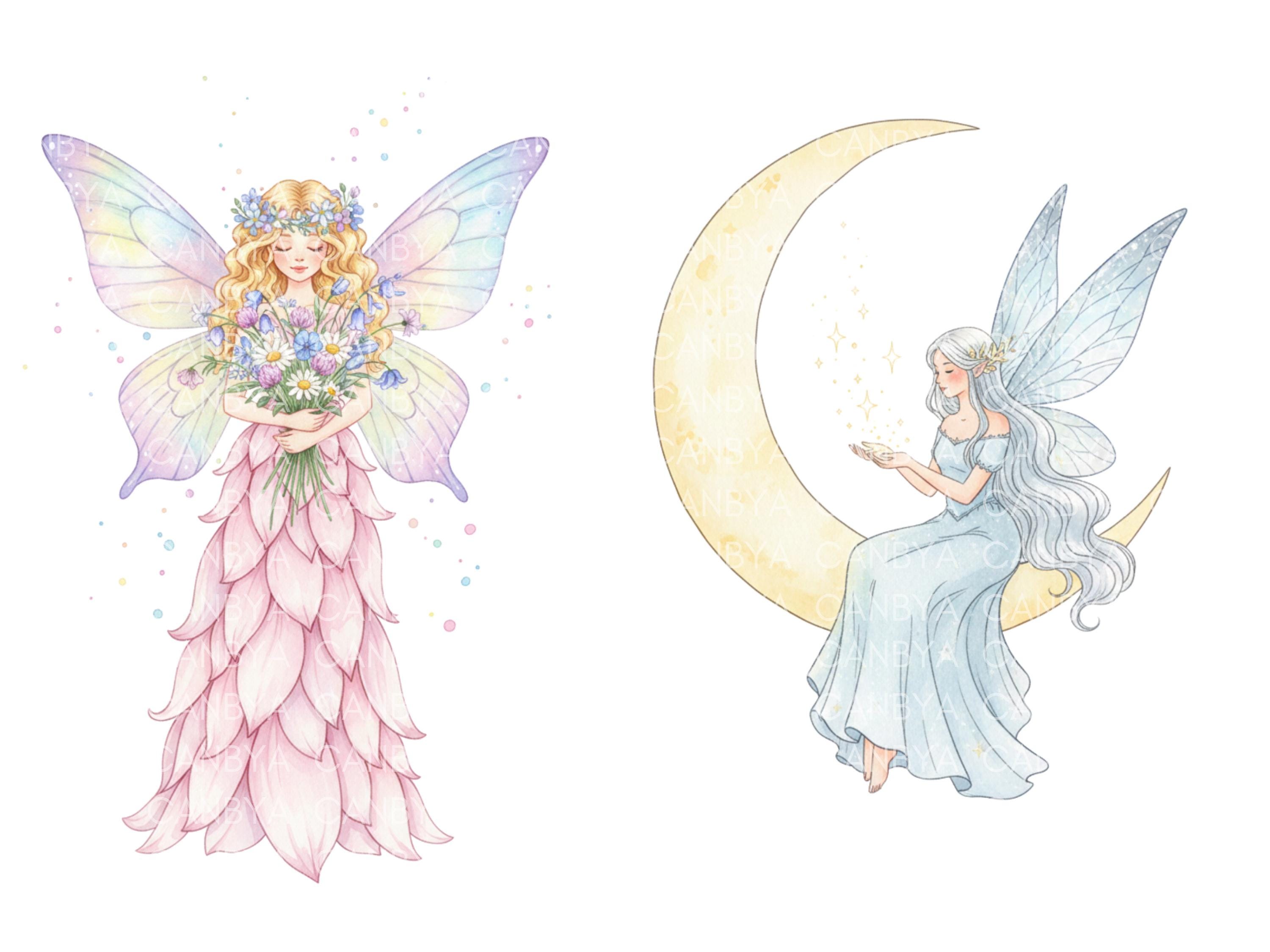 Watercolor Fairy Clipart Bundle – 12 Pastel Enchanted Fairies PNG - SVG ...