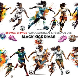Aquarell Fußball afroamerikanisches Mädchen Png SVG Clipart Bundle zum Drucken, Fußballdrucke, schwarze Fußballfrau Clipart, Digitaldrucke