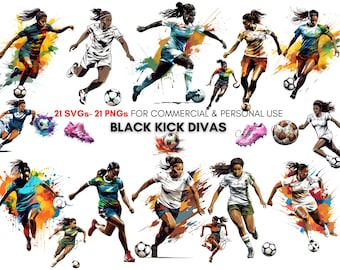 May include: A digital illustration of 11 Black women playing football. The women are wearing different coloured jerseys and shorts. The background is a colourful watercolour design. The text "21 SVGs - 21 PNGs FOR COMMERCIAL & PERSONAL USE BLACK KICK DIVAS" is at the bottom of the image.