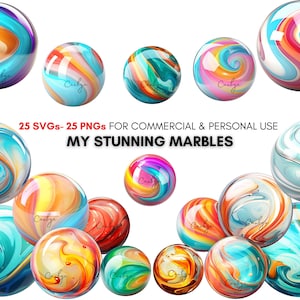 May include: A set of 25 colorful marble illustrations with swirling patterns in shades of blue, orange, yellow, pink, and white. The text "25 SVGs - 25 PNGs for Commercial & Personal Use My Stunning Marbles" is displayed below the marbles.
