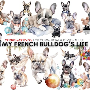 svg de buldogue francês, png de buldogue, arte de buldogue francês, 29 buldogues svg, 29 buldogues png's, clipart de cachorro em aquarela, impressões digitais