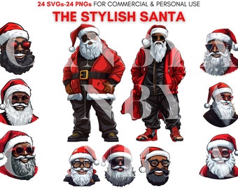 24 Black Santa svg png Clipart, African American Santa Clipart bundle, digital prints, instant download