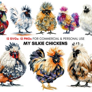 Watercolor cute spring silkie chickens png svg clipart bundle for print, colorful chickens, Birds clipart, animal digital art prints.