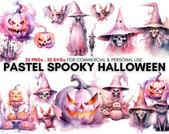 pastel halloween, happy halloween svg's, halloween png's, Watercolor clipart, Commercial license and Personal Use - 32 digital prints