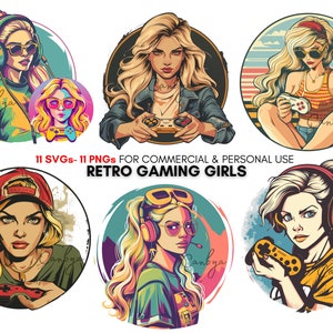 Retro gaming girls holding gaming controller clipart, gaming art, gamer women vibes, digital prints, for t shirt design, stickers, planners