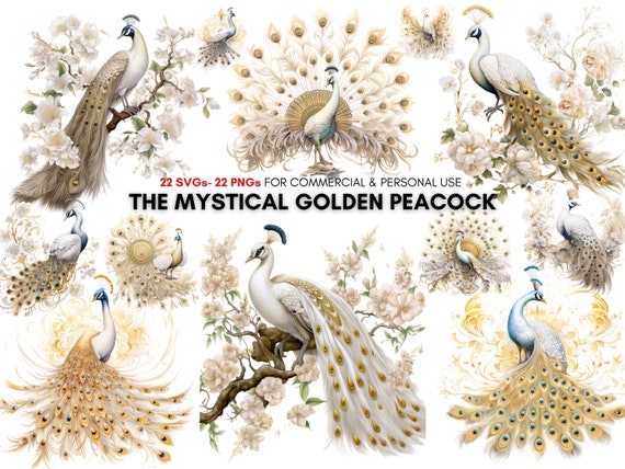 Mystical golden peacock png svg clipart bundle, peacock digital prints, mythical creatures, animal prints