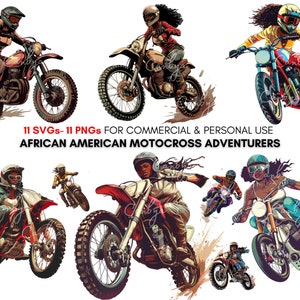 African american Extreme Motocross girls svg png clipart bundle, black bike adventurers clipart,  Retro dirt biking clipart, digital prints