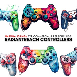 Peut inclure: Dix manettes de jeu vidéo colorées avec un effet aquarelle. Les manettes sont de différentes couleurs, notamment rouge, bleu, vert, jaune et violet. Le texte "RADIANTREACH CONTROLLERS" est écrit sous les manettes.