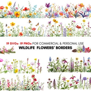 Watercolor Wildflower Borders png svg Clipart Bundle, Digital Flower borders, digital download, Personal & Commercial.