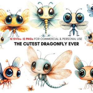 Watercolor kawaii dragonfly png svg Cliparts, Cute dragonfly clipart, insect and animal prints, Personal & Commercial use