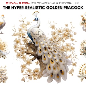Hyperrealistische gouden pauw png svg clipart bundel, realistische aquarel pauw digitale prints, mythische wezens.