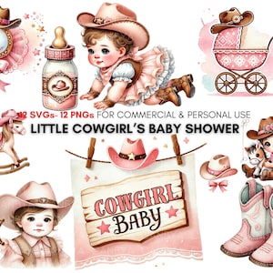Watercolor cowgirl Baby Shower Clipart Bundle, Newborn cowgirl Images, Children Celebration Graphics, sweet baby girl , Digital Download.