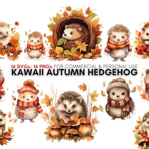 Watercolor Kawaii autumn Hedgehog SVG PNG Clipart bundle, digital art prints for Card Making, junk journals, planners...