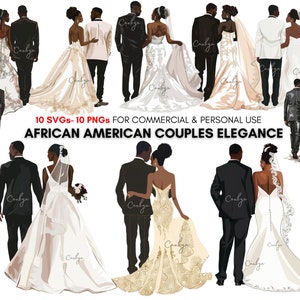 Acquerello matrimonio afroamericano svg png clipart, eleganti disegni di sublimazione della sposa e dello sposo neri, stampe digitali.