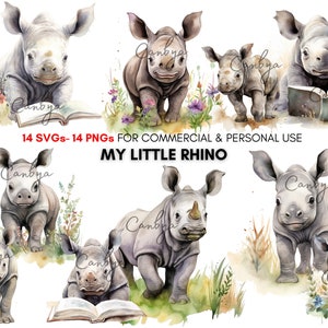 Peut inclure: Un ensemble de 14 illustrations numériques représentant de jolis bébés rhinocéros dans différentes poses. Les illustrations sont réalisées dans un style aquarelle et présentent une variété de couleurs, notamment le brun, le gris, le blanc et le vert. Les illustrations sont parfaites pour une utilisation dans une variété de projets créatifs, tels que le scrapbooking, la fabrication de cartes et la conception numérique.