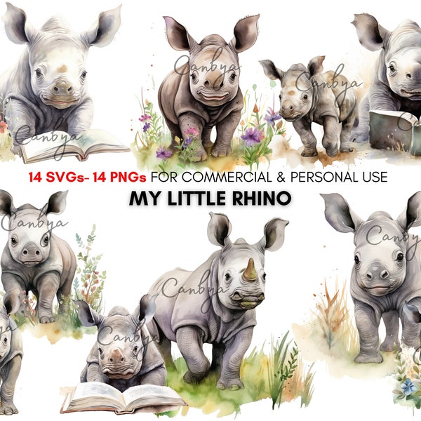 Watercolor cute spring rhino svg png digital clipart bundle, Kawaii animal graphics, Digital Paper Craft