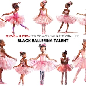 Afroamerikanische Balletttänzerin, PNG, SVG, Clipart-Paket, digitaler Download eines schwarzen Ballerina-Mädchens, Sublimationsdesigns für Kinder.